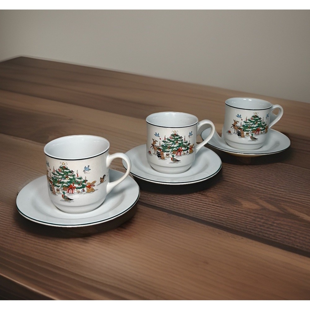 Ming Pao Woodland Christmas Teacup Saucer Set of 3 Holiday Winter Animals Tree